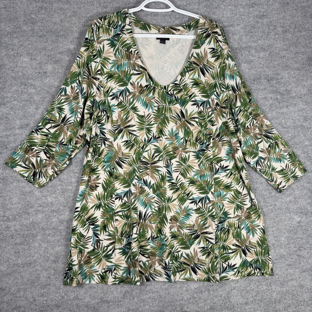 J. Jill Wearever Size-XL Tunic Top Green Tropical Leaf Print V-Neck